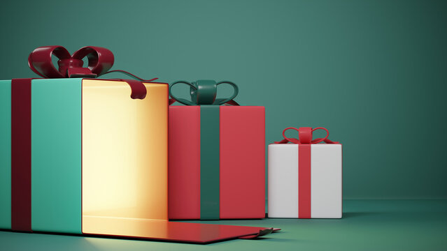 Christmas presents with a shining light inside in the room for product displaying in 3D rendering style