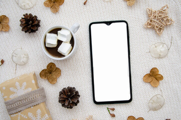 Concept for holiday. Craft eco gift, dried flowers, lunaria rediviva,coffee cup with marshmallows, fir cones, wicker stars on white knitted background. Smartphone top view mock up.