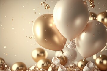 Festive luxury background with golden inflatable balloons, confetti, blurred background with  bokeh effect. Generative Ai