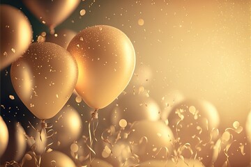 Festive luxury background with golden inflatable balloons, confetti, blurred background with  bokeh effect. Generative Ai - obrazy, fototapety, plakaty