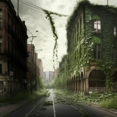 An overgrown abandoned city. Post-apocalyptic landscape. 