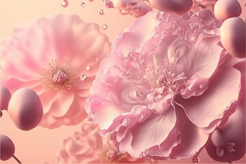 Fototapeta na wymiar Delicate romantic pastel pink background with beautiful flowers. Abstract wedding backdrop. Ai generative