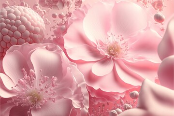Delicate romantic pastel pink background with beautiful flowers.  Abstract wedding backdrop. Ai generative