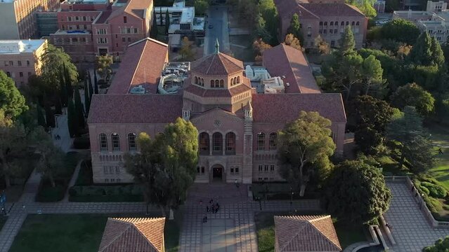 Dickson Court At UCLA With Sunset Lift On Rooftops. Aerial Dolly Forward, Tilt Down