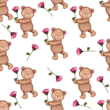 Seamless pattern with teddy bear and rose.Valentine’s Day cards,wedding,scrapbooking,fabric and textile.