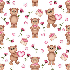 Seamless pattern with teddy bears,envelopes,roses and hearts. Valentine’s Day,Wedding decoration,Scrapbook,Wrapping papers,Birthday,Background,Fabric And Textile.