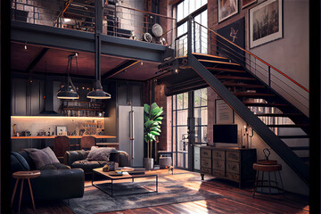 Obraz premium Artist loft interior in a former industrial factory with a boho stylish design, art, boho, architecture, interior design, modern, contemporary, style, wall, brick, beam, decor, decoration, lifestyle, 