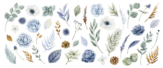 Watercolor set of dusty blue flowers, branches and leaves..Perfect for wedding invitation, postcard, scrapbooking, sticker, packaging, greeting.cards, textiles. - 552294686