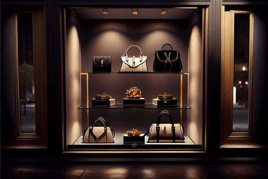 Luxury Parisian shopfront with fashion accessories in boutique window display, luxury, fashion, overprized, expensive, design, designer, handbag, store, shoes, dress, clothe, vintage, antique