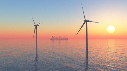 Offshore Windkraftanlagen und Frachter bei Sonnenuntergang