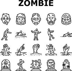 zombie horror scary dead evil icons set vector. monster creepy, hand death, undead nightmare, man fear, apocalypse blood hell zombie horror scary dead evil black contour illustrations