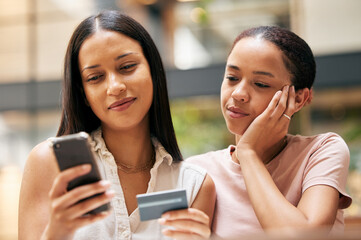 Ecommerce, credit card and smartphone with online shopping and payment, woman and young girl buying...