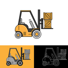 Yellow forklift truck isolated on white background. Forklift unloads the pallets with boxes. Delivery, logistic and shipping cargo
