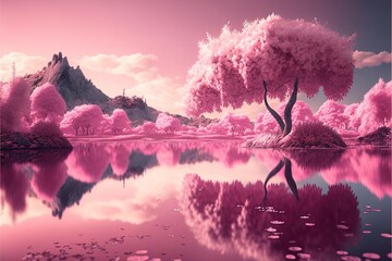 Beautiful romantic fabulous spring landscape with blooming lush sakura and water. Romantic background. Generative Ai.