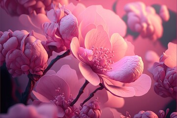 Abstract bright blurred background with sakura flowers, generative Ai.