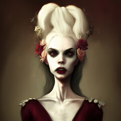 Portrait of a vampire woman with white hair. Digital illustration. Victorian style.