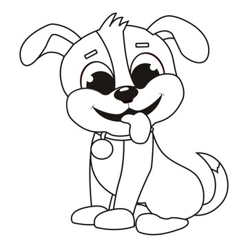 Coloring page outline sitting smiling cute dog in cartoon style. Colorful vector illustration, summer coloring book for kids.
