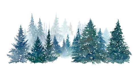 雪降る森林の水彩イラスト。奥行きのある森の風景。