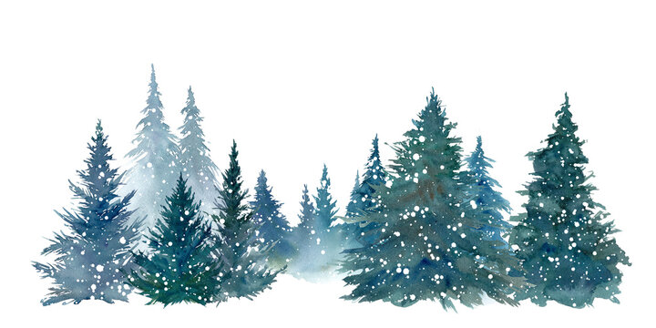 雪降る森林の水彩イラスト。（透過背景） © Keiko Takamatsu