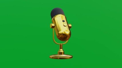 Golden microphone isolated on green screen, Golden Microphone for podcast on green background, 3D render, green screen, Seamless loop, 4K Chroma key animation