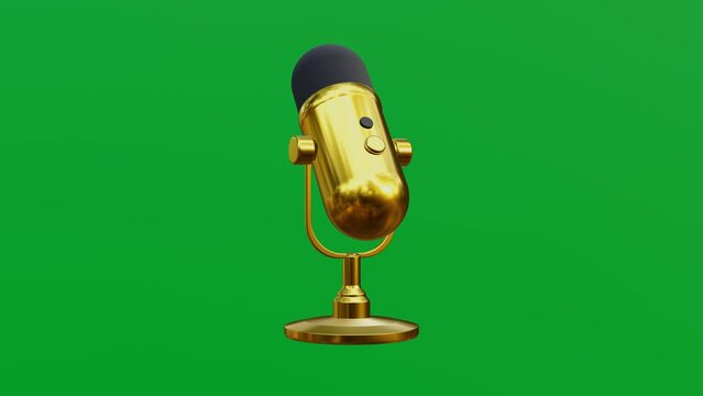 Golden microphone isolated on green screen, Golden Microphone for podcast on green background, 3D render, green screen, Seamless loop, 4K Chroma key animation