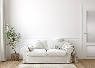 Scandinavian farmhouse living room interior, wall mockup, 3d render