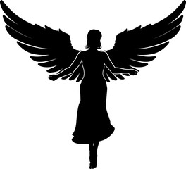 A flying female angel woman with feather wings silhouette