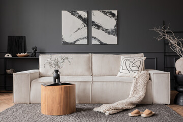 Modern composition of living room interior with mock up poster frame, modular sofa, wooden coffee...