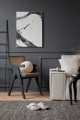 Modern living room interior with mock up poster frame, rattan armchair, modular sofa, grey rug, slippers, beige pillow, ladder, vase with dried flowers and personal accessories. Home decor. Template.