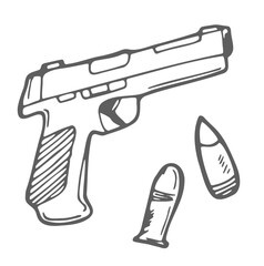 Doodle style handgun sketch in vector format. Also included bullet. Stock Illustration.