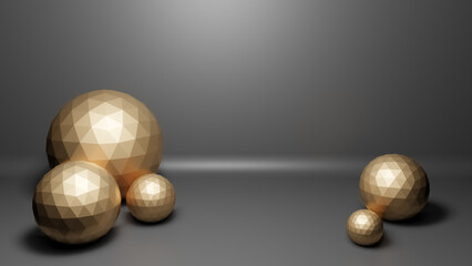 Group of golden shiny metallic low poly polygonal balls or spheres in realistic 3D studio interior with copy space for text