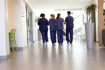 Rear view of diverse group of doctors talking walking in hospital corridor, with copy space