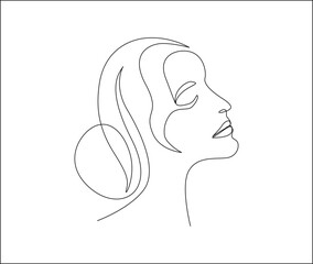 Continuous line of woman face, drawing of face and hairstyle, fashion concept, woman beauty minimalist, vector illustration. Poster and wall art design outline design concept.