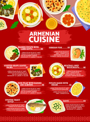Armenian cuisine menu with dishes and meals of Armenia, vector poster. Armenian cuisine restaurant menu with traditional rice pilaf, ishkahn fish and potato baked with cream, meatball soup kololikgata