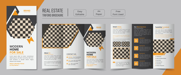 Real estate trifold brochure template design, a4 size horizontal real estate brochure template layout, professional trifold brochure design