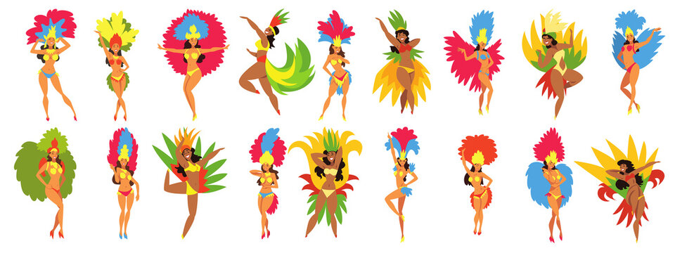 Set of Brazilian samba dancers. Illustration carnival girls wearing a festival costume is dancing.