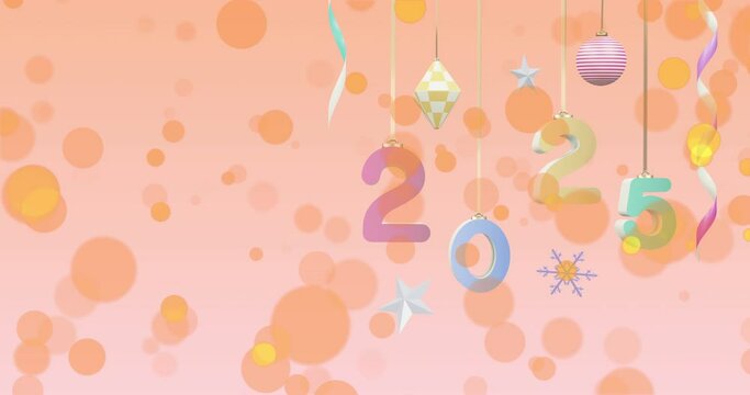 Animation of 2025 text and decorations over spots on orange background