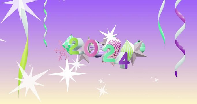 Animation of stars over 2024 text and decorations on purple background