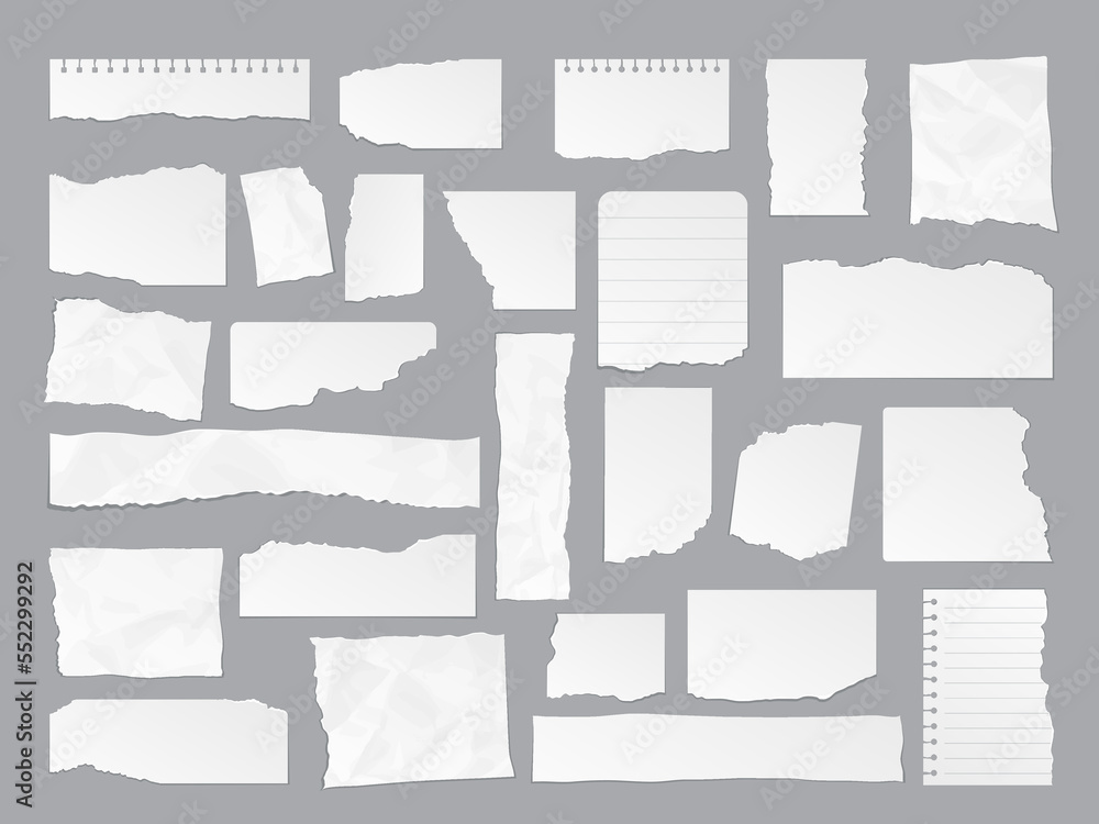 Poster white torn paper note rips, sheet edges and page scraps, vector notebook pieces. white torn paper an