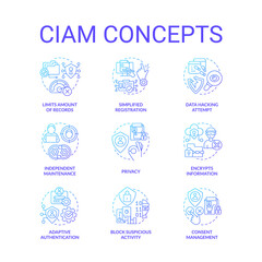 CIAM blue gradient concept icons set. Customer authentication management. User security idea thin line color illustrations. Isolated symbols. Roboto-Medium, Myriad Pro-Bold fonts used