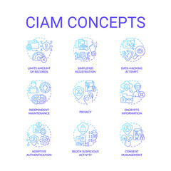 Fototapeta premium CIAM blue gradient concept icons set. Customer authentication management. User security idea thin line color illustrations. Isolated symbols. Roboto-Medium, Myriad Pro-Bold fonts used