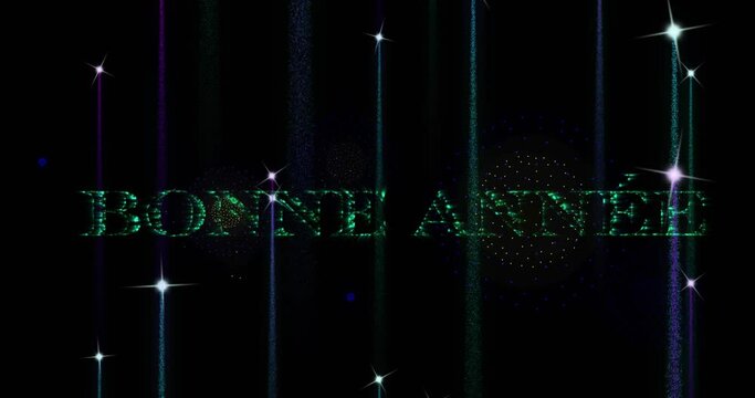 Animation of bonne annee text over fireworks on black background