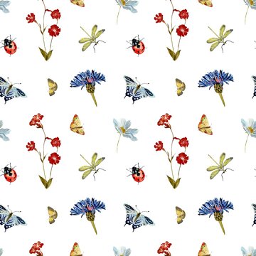 Insect flower camomile cute pattern a watercolor