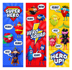 Cartoon superhero berry characters and hero squad. Vector banners or bookmarks with super rosehip, blueberry, strawberry, raspberry and gooseberry, honeyberry, black currant, barberry or bird cherry