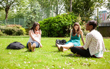 Teenage Friends, Time Out. Late teenage female students sitting enjoying the summer sun and each others company. From a series of related images.