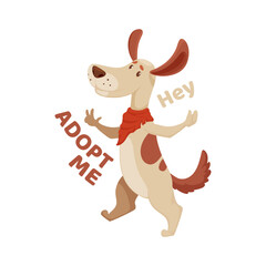 Adopt me icon, dog pets adoption sign and animal shelter and rescue house vector emblem. Happy friendly dog and hey adopt me icon for lost or abandoned and homeless dogs adoption