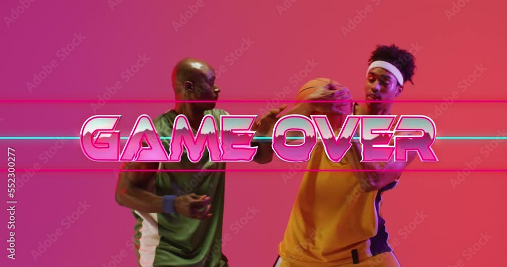 Poster animation of game over text over neon pattern and divers basketball players