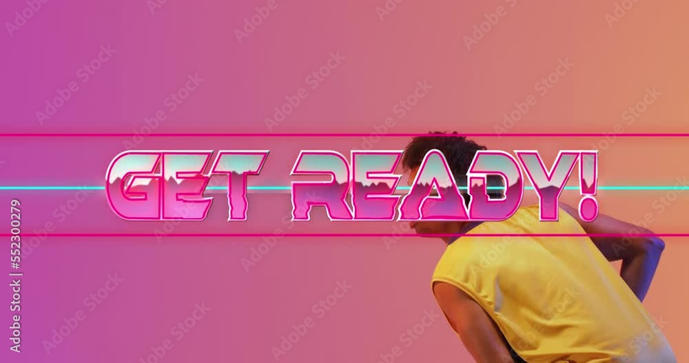 Poster animation of get ready text over neon pattern and biracial basketball player