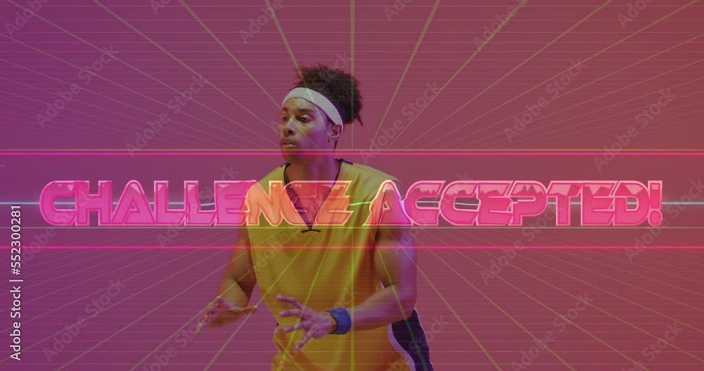 Poster Animation of challenge accepted text over neon pattern and biracial basketball player