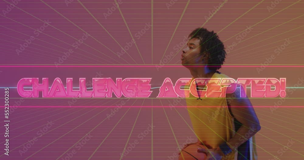 Poster Animation of challenge accepted text over neon pattern and biracial basketball player